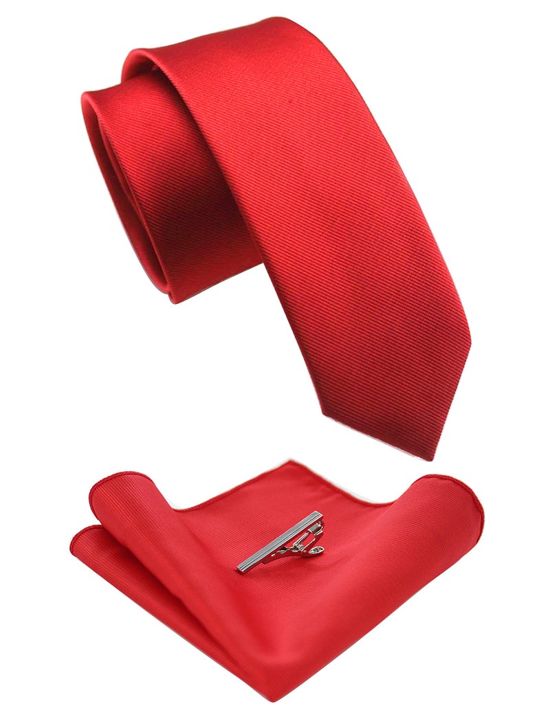 JEMYGINS 2.4" Red Skinny Tie and Pocket Square with Tie Clip Silk slim Necktie Sets for Men - Image 1